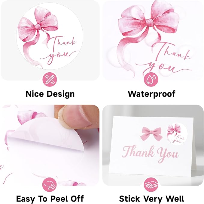 Anwyll Bow Thank You Stickers - Pink Thank You Stickers for Small Business 480Pcs 1.5In Thank You Sticker for Packaging Self Adhesive Thank You Party Favor Seal Label Sticker for Baby Shower Birthday
