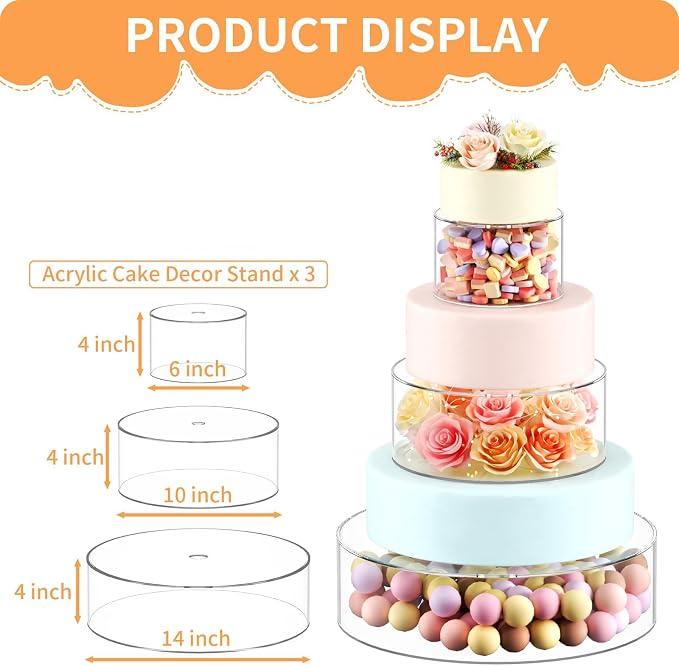 NPPLUS 3PCS Clear Acrylic Cake Stand, Fillable Cake Box Riser Cake Tier, Round Cake Display Box with Lid, Decorative Centerpiece Box for Wedding Birthday Party (14" Dx4 H,10" Dx4 H,6" Dx4 H)