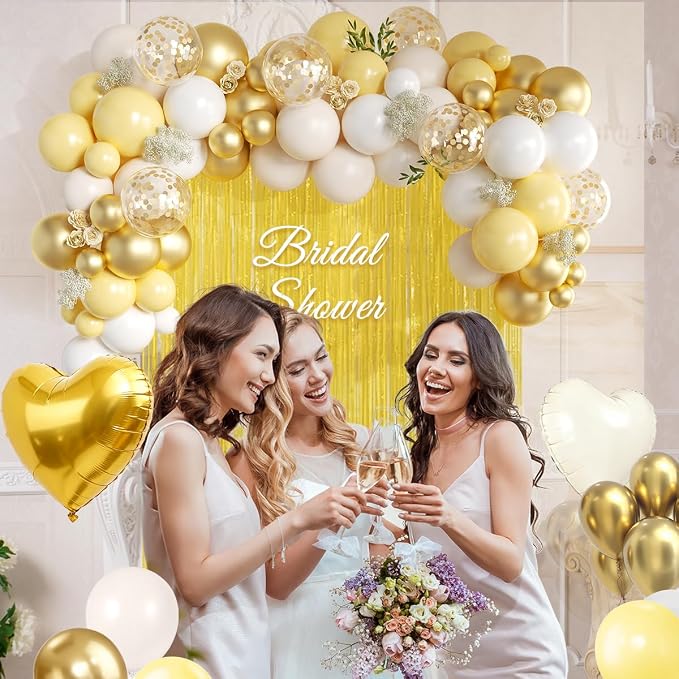 157Pcs Pastel Yellow White and Gold Balloons Garland Arch Kit with Macaron Yellow Fringe Curtain for Baby Shower Birthday Wedding Gender Reveal Sunflower Honeybee Theme Party Decorations