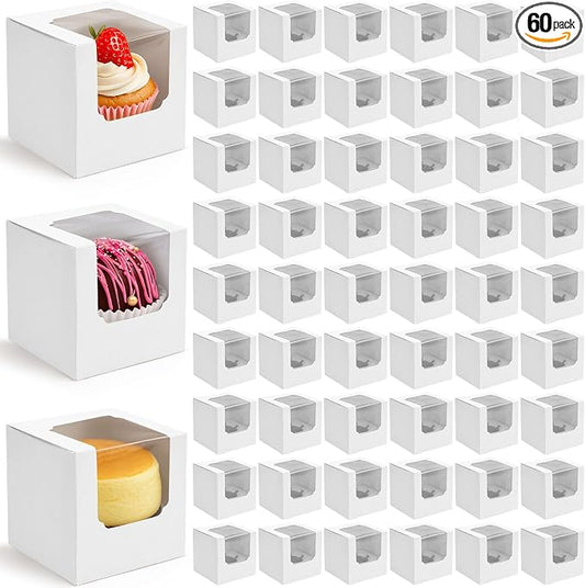 VGOODALL 60PCS Cupcake Boxes, 3.5 Inches Individual Cupcake Containers with Window and Insert for Muffins Cocoa Bombs Packaging Togo Boxes for Birthday Baby Shower Wedding Party Favors
