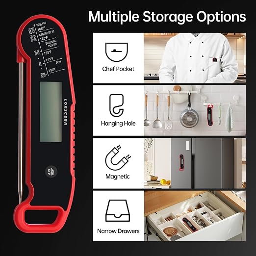 Lonicera Digital Meat Thermometer for Food Cooking. Instant Read Within 1 Sec and ±0.9℉Accuracy with Thermocouple Sensor. IP67 Waterproof, Auto-Rotating Display, Auto Wake up (Red)