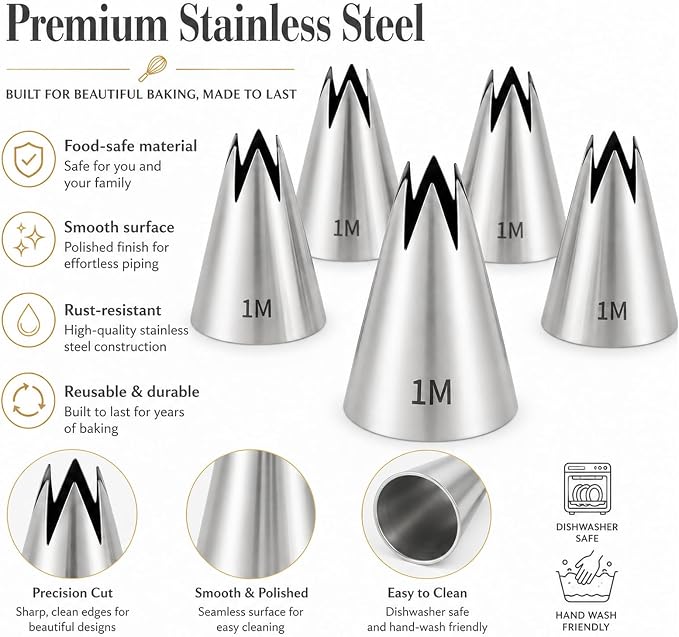 5 Pcs 1M Piping Tip Set For Icing Cupcake Cake Decorating | Stainless Steel, Reusable, Standard Size Fits Most Couplers