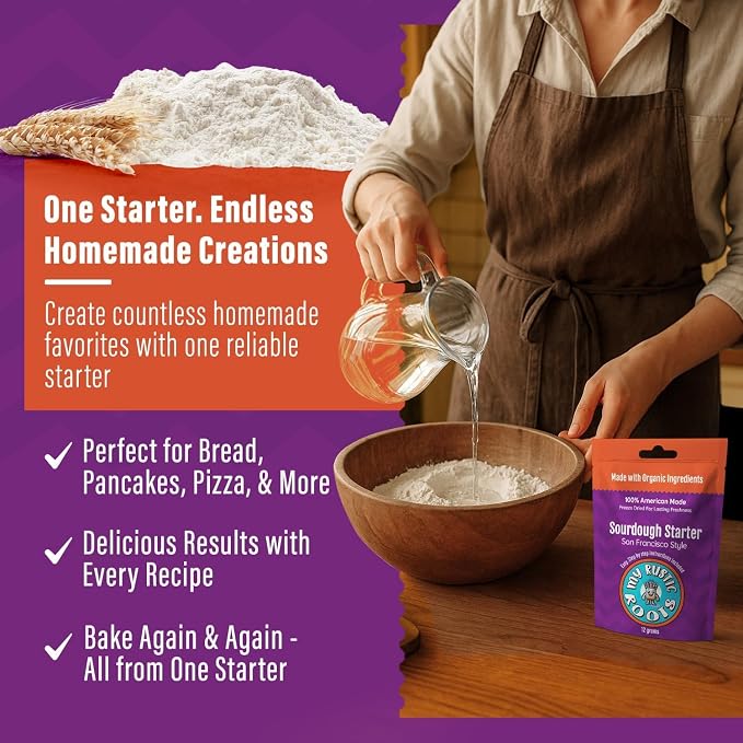 MY RUSTIC ROOTS San Francisco Sourdough Starter Culture – All Natural & Organic Sourdough Bread Starter - Beginner Friendly - Perfect for Baking Delicious Homemade Artisan Bread, Pizza & More - 12g