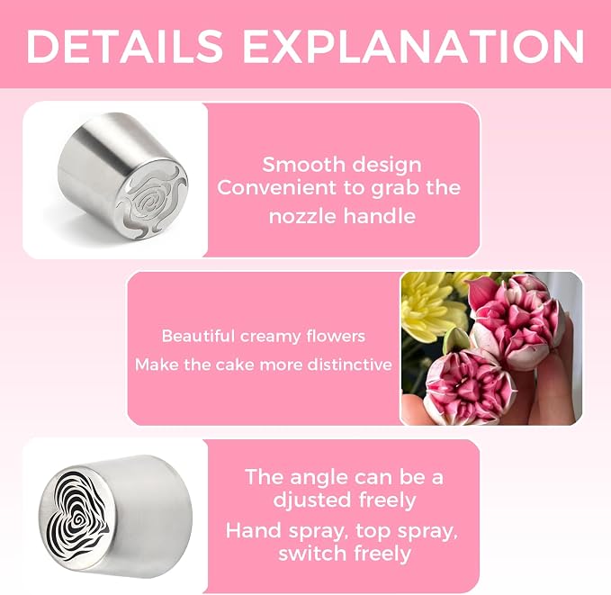 2 Extra Large Russian Piping Tip, 44mm Stainless Steel Rose Flower Nozzle for Cake Decorating, Frosting, Dishwasher Safe, Large Flower Icing Tips for Beginners & Pros (Rose and Heart)