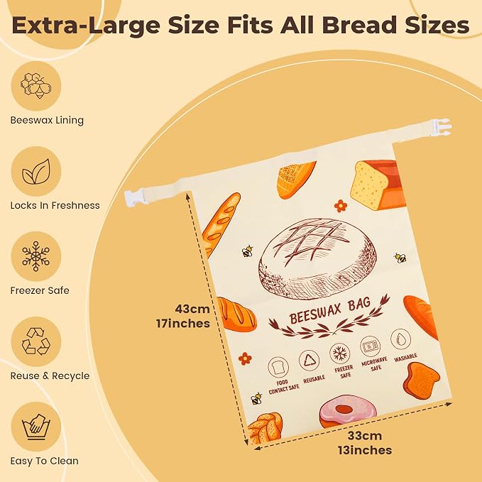 Beeswax Bread Bags for Homemade Bread, 2pcs Reusable Cotton Bread Bags, 17''x13'' Sourdough Storage, Large Reusable Bread Bag, Eco-Friendly Loaf Guard