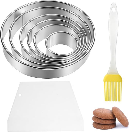 6 Inch Round Cookie Mold, Circle Cookie Cutter 8 Piece Round Cookie-Cutter & Scraper & Silicone Pastry Brush Set for Pastry,Donut,Fondant,Cake,Cookies, Diameter (2, 3, 3.7, 4.3, 5.3, 6 Inch)
