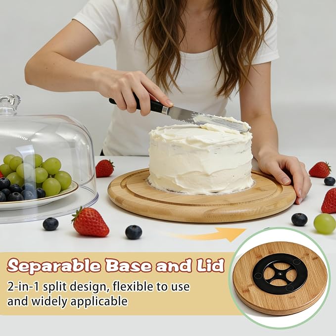 Bamboo Cake Stand with Dome Lid, 12in Rotating Wood Cake Holder Round Cake Plate, 2-in-1 Wooden Serving Platter Charcuterie Board Dessert Table Display Set for Birthday Wedding Party Kitchen