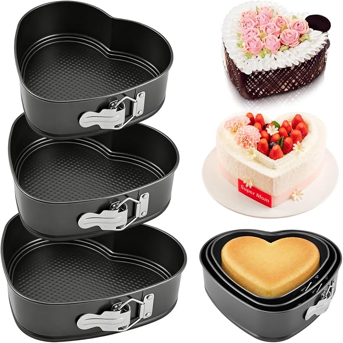 Set of 3 Springform Cake Tins Heavy Duty, Double Layer Non-Stick Coating, Removable Base, Heavy Duty Carbon Steel, Perfect for Frozen Desserts - Oven Safe Bakeware (heart-shaped)