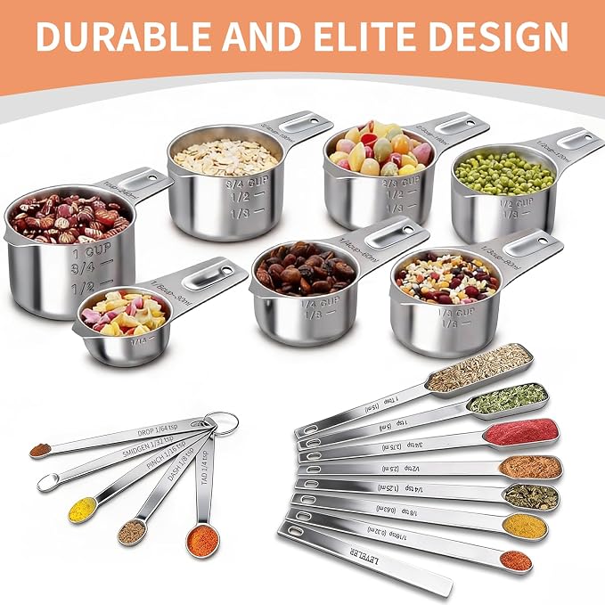 EWFEN Measuring Cups and Spoons Set, 7 Stainless Steel Nesting Measuring Cups & 7 Spoons, 5 Mini Measuring Spoons &1 Leveler, Kitchen Gadgets for Cooking & Baking, Square