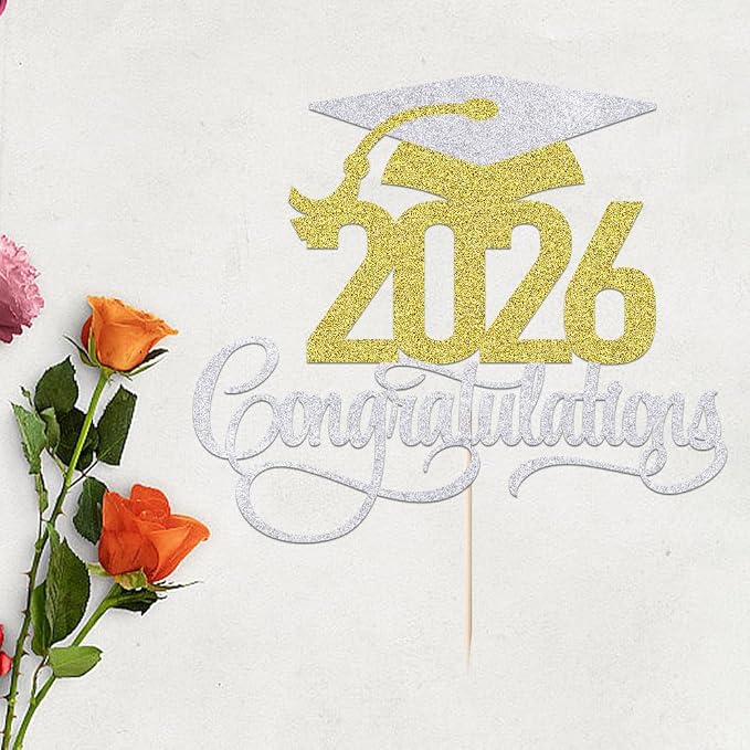 Silver-gold 2026 Congratulations Graduation Cake Topper,Congrats Grad Cake Decor - 2026 High School/College/Senior Graduation Party Decorations Supplies