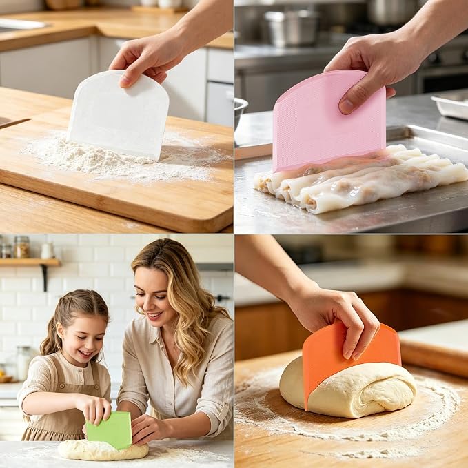 Flexible Dough Scraper & Cutter Set, 5-Piece Bench & Bowl Scrapers | Flexible Plastic, Bench and Bowl Scrapers, Curved Edge, Textured Grip, For Sourdough, Pizza, Fondant, Pastry and Cake Icing