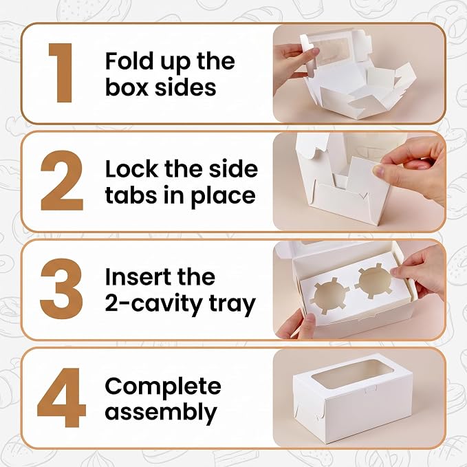 18 Pack White 2-Cavity Cupcake Boxes with Clear Window, 6.3 x 3.54 x 2.95 in Paper Treat Boxes with Inserts, 2-Cupcake Holders for Muffins, Cookies, Mini Cakes, Bakery Gifts and Parties