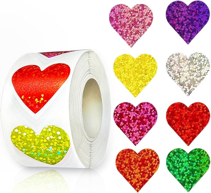 Glitter Heart Stickers, Valentines Day Love Sticker1-inch for Children's Rewards- 500 per Roll, Suitable for Envelopes, Birthdays, Classroom Teacher Supplies