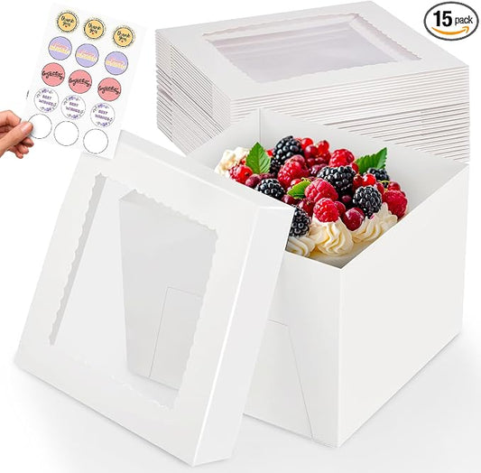 RICCLE 15pcs Cake Boxes, 10x10x8 Inches Tall Cake Box with Window, Large White Bakery Boxes, Baking Boxes, Square Cardboard Cake Box for Multi-Layer Cakes, Cake Decorating Supplies, Valentines Day