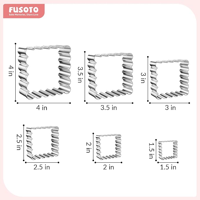 FUSOTO Square Cookie Cutter Set - 6 Piece Shaped Geometric Cookie Cutter for Kitchen Baking, Stainless Steel, (1.5", 2", 2.5", 3", 3.5", 4"), Square