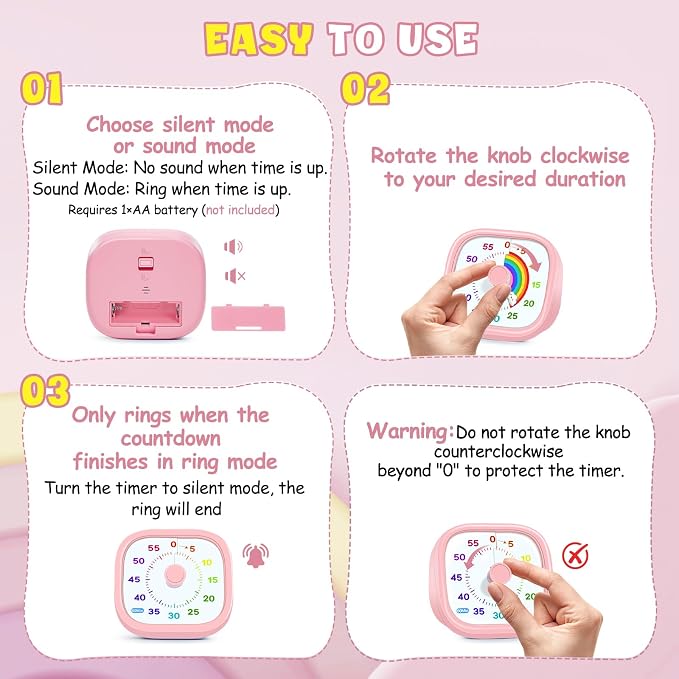 HIPPIH Visual Timer for Kids - 60 Minute Pomodoro Timers for Classroom Kitchen Office, Countdown Kids Timer Clock with Rainbow Disk, Desk Time Management Tool for Toddler with Silent Operation, Pink