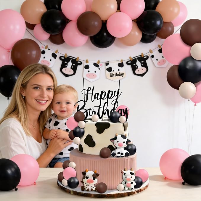 Cow Cake Topper, Happy Birthday Cake Decoration with Farm Animal Theme (black)