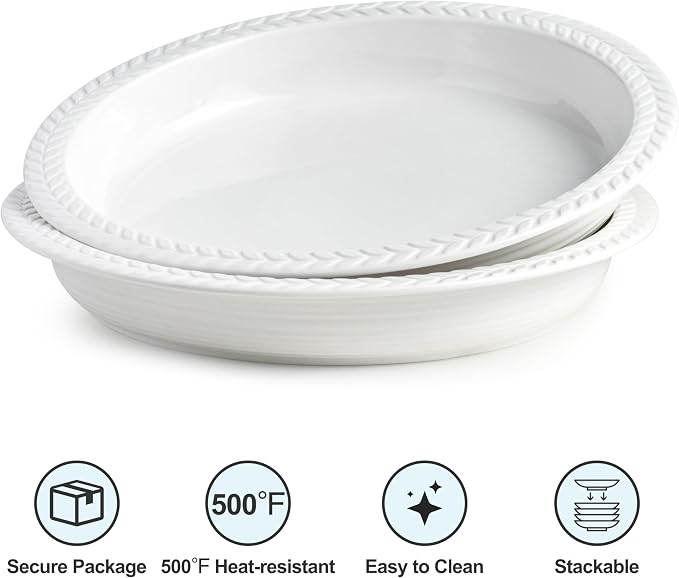 Ceramic Pie Pan Set of 2, 11 inch Round Baking Dish, Porcelain Pie Plate, Non-Stick, Oven & Dishwasher Safe, Non-Stick Pie Dish for Baking