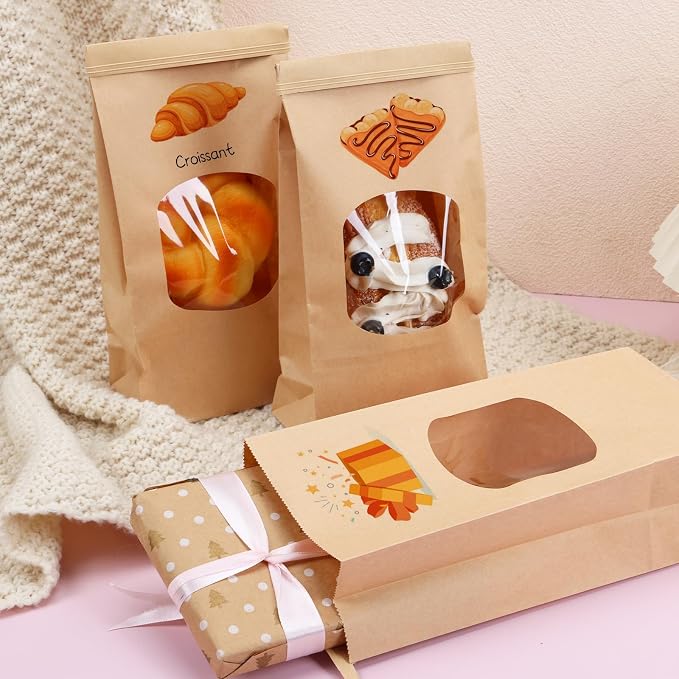 Moretoes 100pcs Medium Bakery Cookie Bags with Window, 4.5x2.36x9.6in, Seal by Tin Tie Tab, Kraft Paper Bags for Cookie Coffee Bread Bakery Pastry Packing
