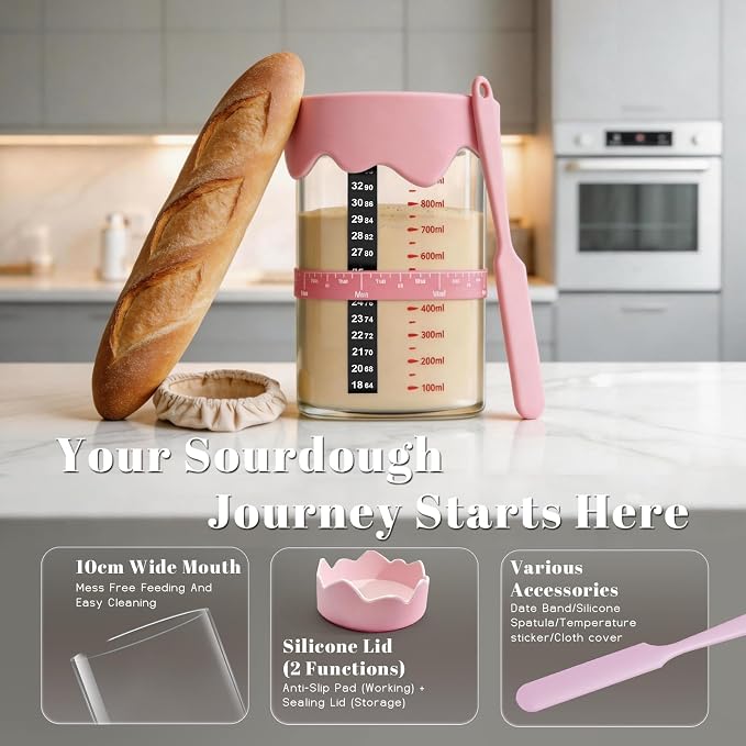 Pink Sourdough Starter Kit – 34 Oz Glass Jar With Lid, Cloth Cover, Date Band, Temp Strip – Sourdough Bread Baking Supplies, Glass Container, Pink