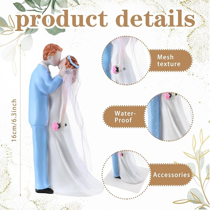 Remerry 4.5" Wedding Bride and Groom Cake Topper Vintage Elegant Wedding Cake Topper Couple Figurine Novios Para Pastel for Engagement Romantic Funny Couple Statue Anniversary(Blue Dream,White)
