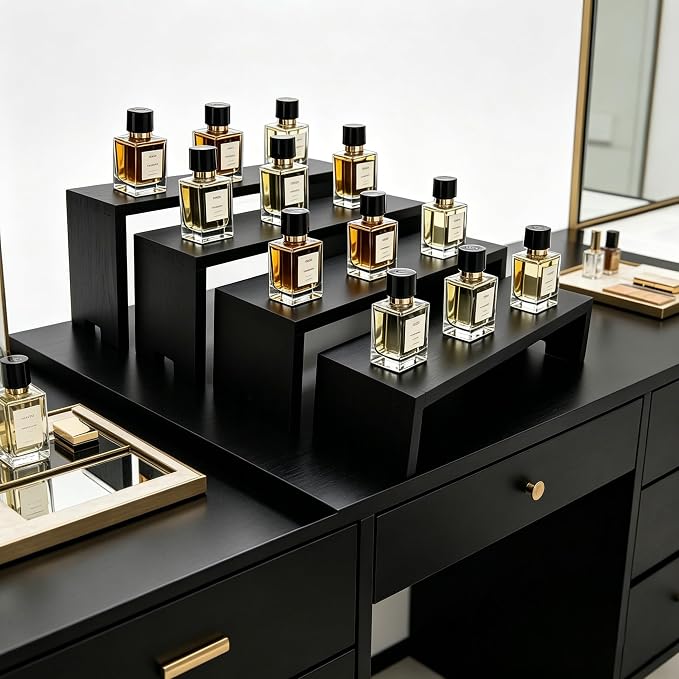 Yikaroeli 2 Set Large Black Display Riser Perfume Display Stand Cologne Shelf Wood Risers for Display,11"-8.6" Graduated Sizes,4Tiered 8Pcs Display Stands for Vendors Event