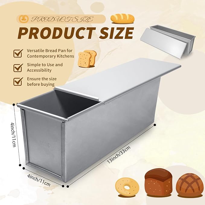 4 Pcs 2 lb Pullman Loaf Pan with Dough Scrapers 13 x 4 Inch Silver Baking Mold Nonstick Coating Pan with Lid for Baking, Bread Toast, for Oven Use