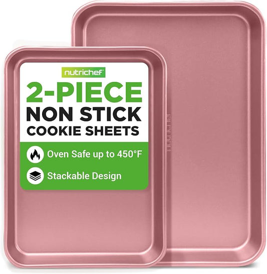NutriChef 2-Piece Nonstick Cookie Sheets for Baking - Premium Medium & Large Size Baking Sheet Set - Thick Carbon Steel Bakeware Trays - Dishwasher Safe, Rose Gold