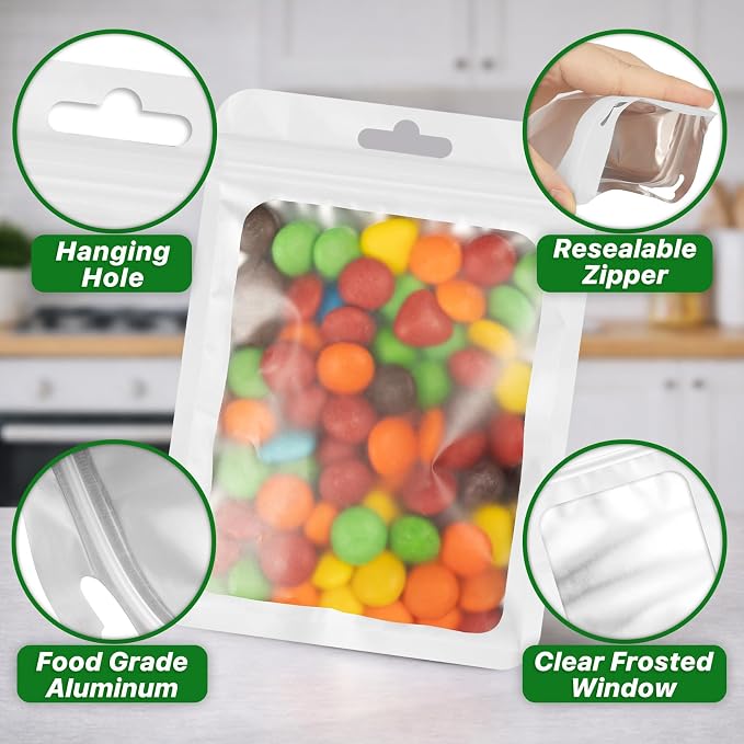 ANZNKU 100 PCS Resealable Mylar Bags with Frosted Clear Window Packaging Bags Foil Pouch Zipper Bag for Food Self Sealing Storage Supplies(4.72x7.87, White)