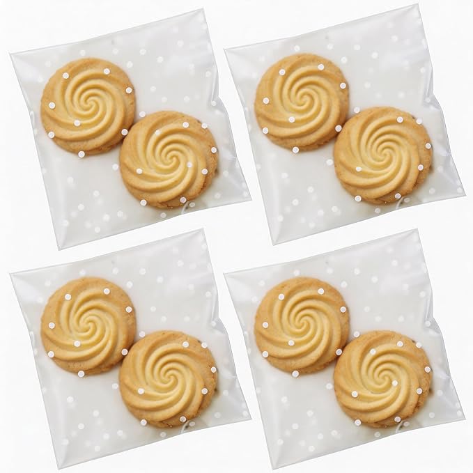 200Pcs White Polka Dot Cookie Bags, Self Sealing Cellophane Bags | for Homemade Cookies, Clear Treat Bags with Self Adhesive Seal for Baking, Party Favors and Gift Giving (4x4 Inches)