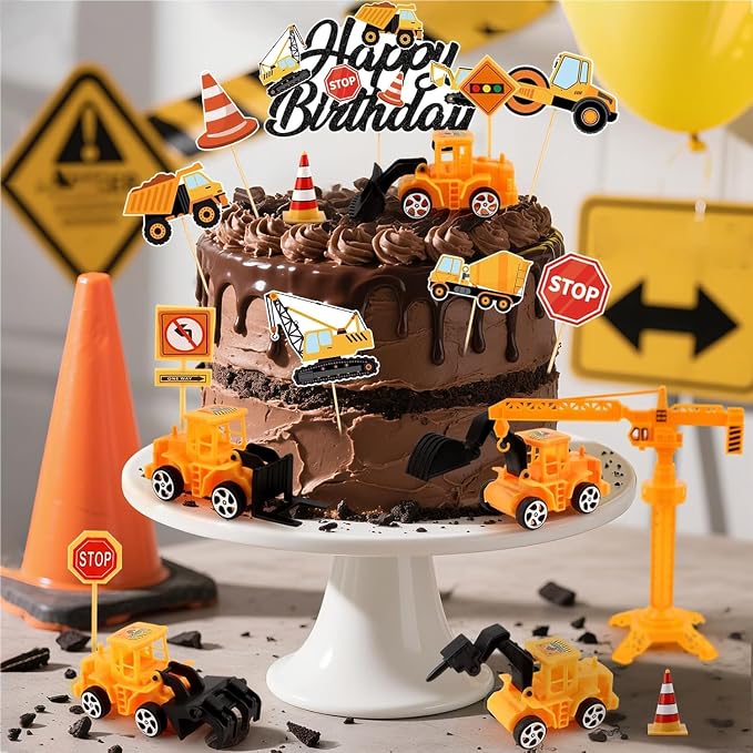 21PCS Construction Cake Toppers Truck Cake Decoration Set Excavator Tractor Tower Crane Cupcake Topper Traffic and Road Sign for Construction Happy Birthday Party Supplies