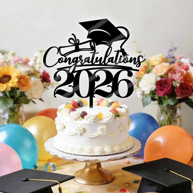 Congratulations 2026 Graduation Cake Topper,Congrats Grad Cake Decor - 2026 High School/College/Senior Graduation Party Decorations Supplies (black Acrylic 2)