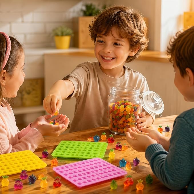 Fruit Snack Molds, 4pcs Gummy Molds Silicone Chocolate Candy Molds With 2pcs Dropper, Including Mini Pineapple, Banana, Cherry, Apple, Grape Shape