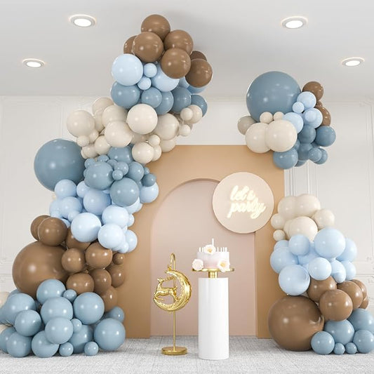 Premium 136pcs Dusty Blue & Brown Balloon Arch Kit – 18/12/10/5 Inch Neutral Sand White Balloons for Bear Baby Shower, Woodland Gender Reveal, Boho Wedding Party Decor