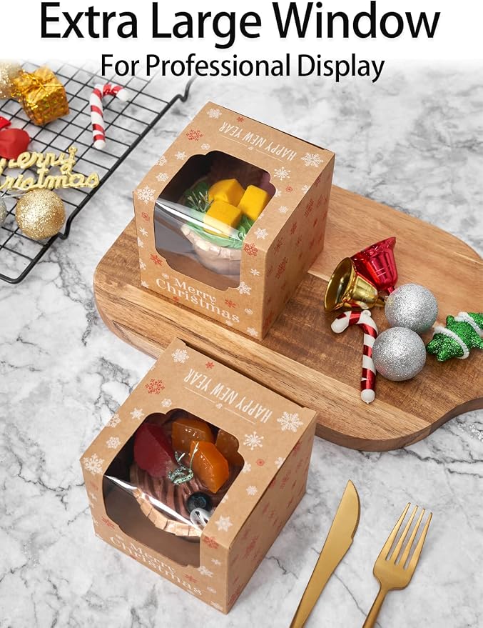 Happyhiram Christmas Cupcake Boxes 50 Pcs, Individual Box Brown Kraft with Christmas Trees and Window for Holiday Mini Gift Boxes for Ornament Cocoa Bombs Packaging for Winter Party Favors