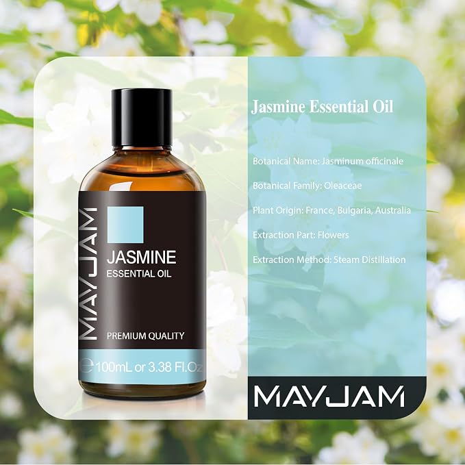 Jasmine Essential Oil with Glass Dropper, MAYJAM Pure Essential Oils for Diffusers for Home, Jasmine Oil for Soap Making, Candle Making, 3.38FL.OZ