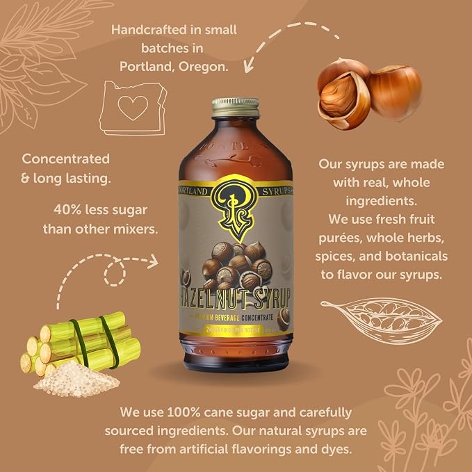 Portland Syrups Hazelnut Syrup – Flavoring for Coffee, Lattes, Cold Brew, Macchiatos, Cocktails, Desserts – Ideal for Drinks & Adding a Hazelnut Touch to Any Beverage – 12 oz, 24 servings (Pack of 1)
