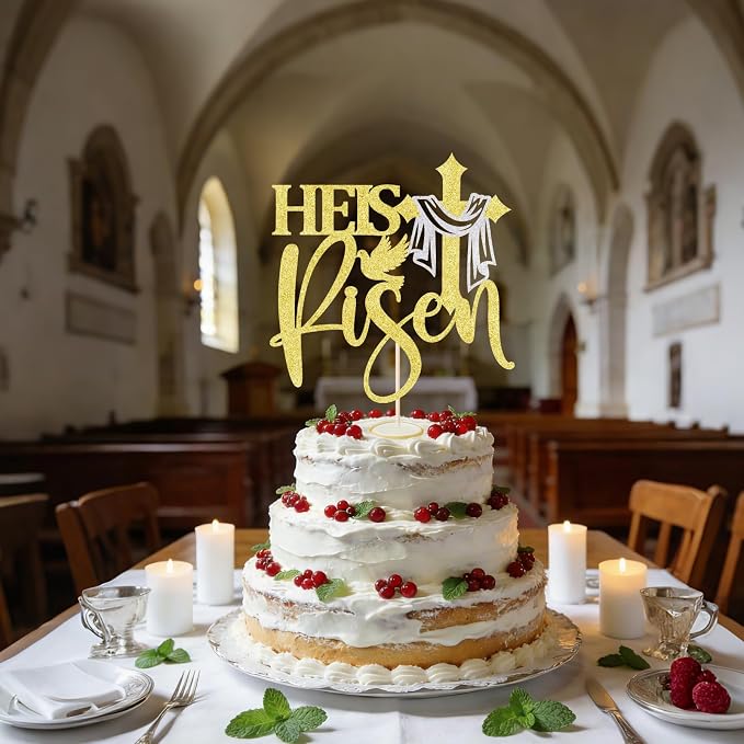Gold Glitter He is Risen Cake Topper,First Holy Communion Baptism Cake/God Bless Cake Decorations/Jesus Happy Easter Theme Party Cake Decorations