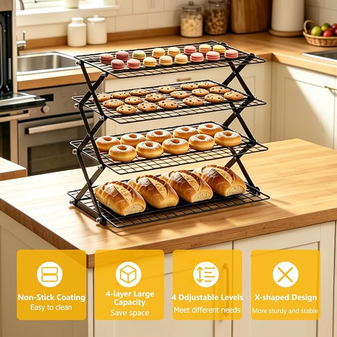 Cooling Racks - Upgraded 4 Tier Collapsible Bread Cooling Rack with Adjustable 3 Setting Design Foldable Stackable Wire Cookie Rack Large Cookie Cooling Racks for Cooking and Baking Gifts for Women