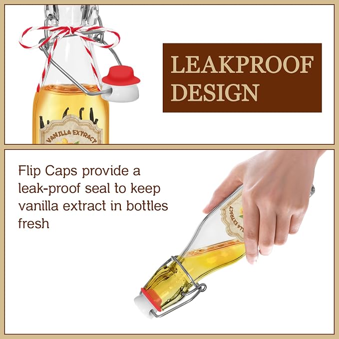 10 Pack Swing Top Glass Vanilla Extract Bottles 8 oz with Lids, Vanilla Extract Labels and Funnel, Glass Boston Bottles for Syrup Gift, Flip Top Jars