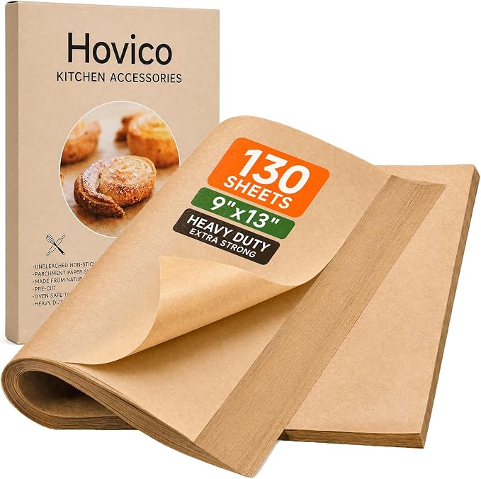 Hovico 130PCS Parchment Paper Baking Sheets, 9x13 Inch, Precut Non-Stick Parchment Sheets for Baking, Grilling, Air Fryer, Steaming, and More (Unbleached) - Perfect for BBQ, Picnic, Festival, Bread