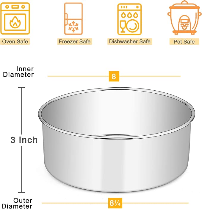 E-far 8 x 3 Inch Round Cake Pans, Stainless Steel Deep Cake Baking Pan Tin for Birthday Wedding Party Chiffon Cheesecake, Healthy & Non-Toxic, Straight Side & Dishwasher Safe - Set of 2