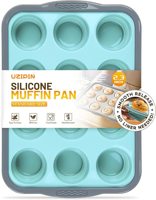 Silicone Muffin Pan, 12 Cups Non-Stick Cupcake Pan, Food-Grade BPA-Free Muffin Tin, Oven-Safe 450 °F, Reinforced Steel Frame, Easy-Grab Handles, Quick-Release 2.3" Baking Molds for Mini Treats