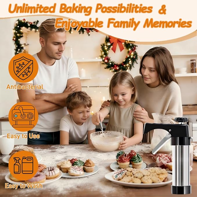 Cookie Press Gun Kit, Spritz Cookie Maker with 13 Discs & 8 Icing Tips, 2 Donut Molds & Piping Bags, Stainless Steel Baking Set for Cookies, Donuts, Churros & Cake Decorating