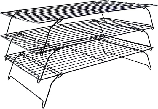 3 Tier Stackable Cooling Rack for Baking – 15.75" x 10" Carbon Steel Wire Cookie Cooling Racks, Multi-Level Stackable Cookie Rack for Cakes, Pastries & Fruit – Collapsible & Dishwasher Safe