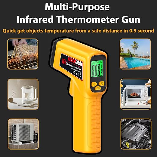 FKM Infrared Thermometer Gun Non-Contact Laser Temperature Gun,-58°F~986°F(-50°C~530°C) AdjustableEmissivity,Digital Thermometer Gun for Cooking,Oven,Griddle,Automotive,HVAC,Industrial,Not for Human