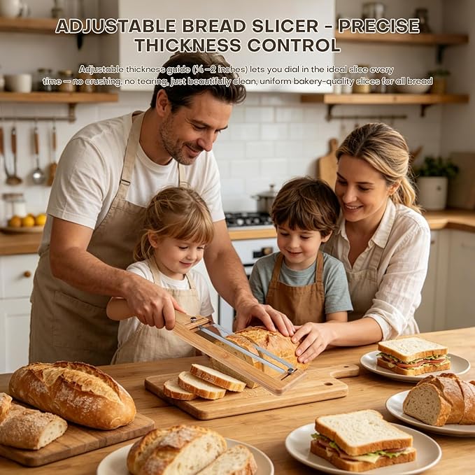 Adjustable Bread Knife for Homemade Bread Sourdough, Bamboo Handle | 304 Stainless Steel, Precision Slicing Guide, Bow Bread Knife with Extra Blade, Manual Bread Cutter, Gift for Bakers