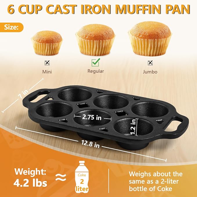 6 Cup Cast Iron Muffin Pan - Pre-Seasoned Nonstick Muffin Tin, Regular Size Cupcake Baking Pan