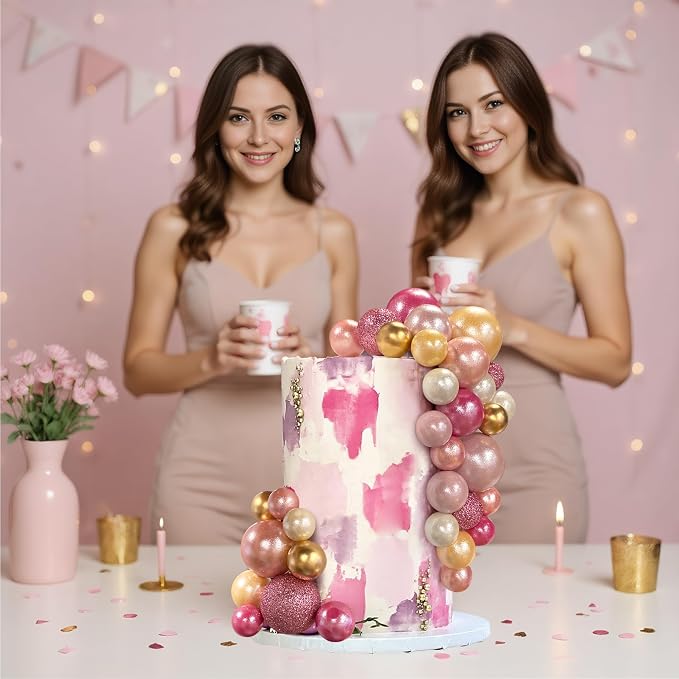 56 PCS Colorful Ball Shaped Cake Topper Pearl Balls Cupcake Cake Insert Topper for Birthday Party Wedding Decoration Supplies(Pink and Seven Colors Series)