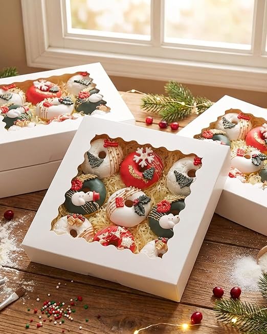 qiqee 10"x 10"x 2.5" White Pie Boxes with Window 50Packs Cookie Donut Bakery Box (Auto-pop Up)
